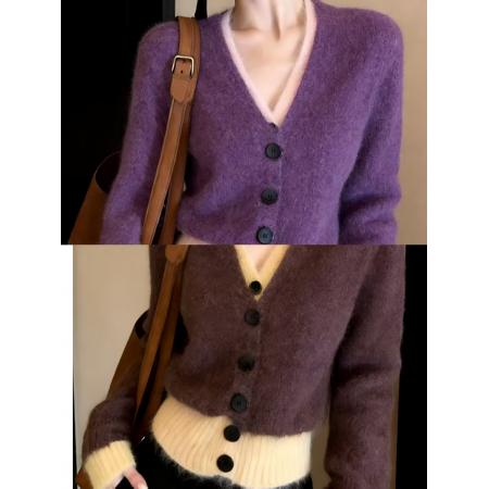 FA55223# 上衣新款假两件设计慵懒秋冬毛衣撞色时尚针织外套开衫宽松 服裝批發女裝批發服飾貨源