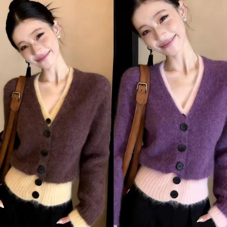 FA55223# 上衣新款假两件设计慵懒秋冬毛衣撞色时尚针织外套开衫宽松 服裝批發女裝批發服飾貨源