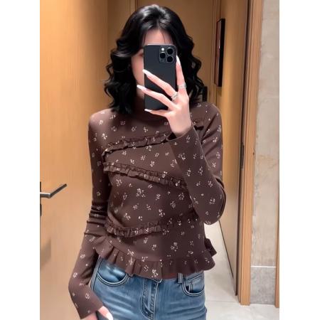 FA55224# 韩系甜美减龄复古碎花木耳拼接半高领长袖T恤女秋冬新款上衣 服裝批發女裝批發服飾貨源