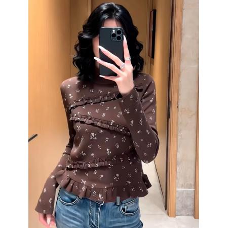 FA55224# 韩系甜美减龄复古碎花木耳拼接半高领长袖T恤女秋冬新款上衣 服裝批發女裝批發服飾貨源