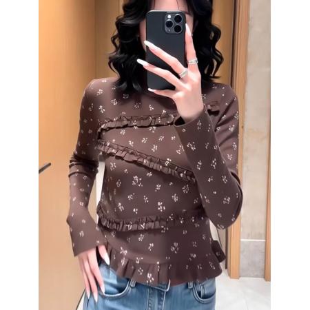 FA55224# 韩系甜美减龄复古碎花木耳拼接半高领长袖T恤女秋冬新款上衣 服裝批發女裝批發服飾貨源