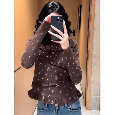 FA55224# 韩系甜美减龄复古碎花木耳拼接半高领长袖T恤女秋冬新款上衣 服裝批發女裝批發服飾貨源