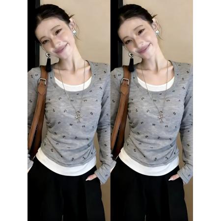 FA55225# 假两件蝴蝶印花长袖夏季设计感收腰显瘦上衣女 服裝批發女裝批發服飾貨源