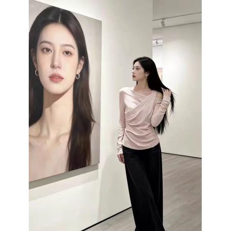 FA55226# 韩系纯欲风长袖T恤女修身显瘦高级感露肩上衣 服裝批發女裝批發服飾貨源