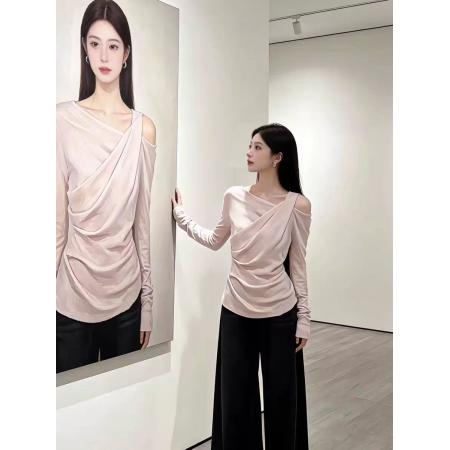 FA55226# 韩系纯欲风长袖T恤女修身显瘦高级感露肩上衣 服裝批發女裝批發服飾貨源