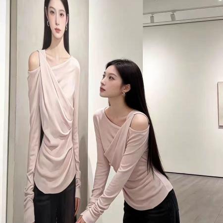 FA55226# 韩系纯欲风长袖T恤女修身显瘦高级感露肩上衣 服裝批發女裝批發服飾貨源