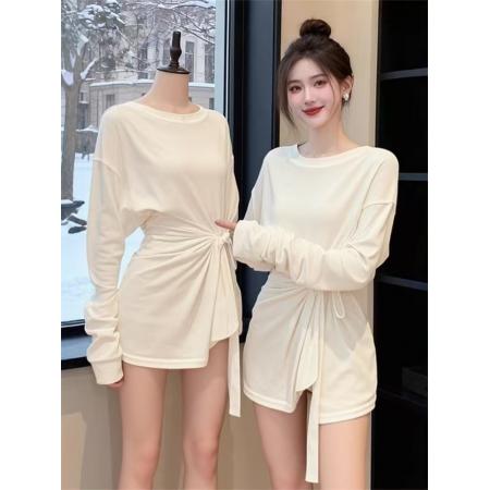 FA55227# 原版面料简约松弛感设计小众扭结绑带长袖t恤女秋慵懒风休闲上衣 服裝批發女裝批發服飾貨源