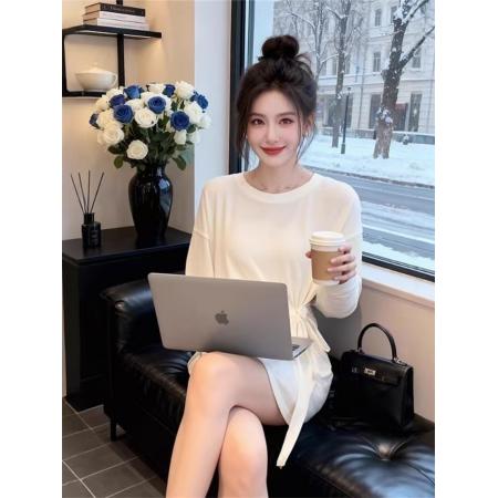 FA55227# 原版面料简约松弛感设计小众扭结绑带长袖t恤女秋慵懒风休闲上衣 服裝批發女裝批發服飾貨源