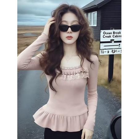 FA55228# 德绒绝美精致千金感蕾丝拼接长袖T恤女冬季设计款修身正肩上衣 服裝批發女裝批發服飾貨源