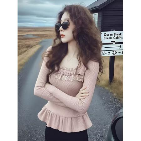 FA55228# 德绒绝美精致千金感蕾丝拼接长袖T恤女冬季设计款修身正肩上衣 服裝批發女裝批發服飾貨源