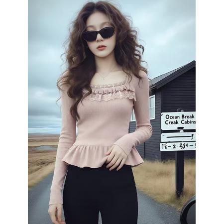 FA55228# 德绒绝美精致千金感蕾丝拼接长袖T恤女冬季设计款修身正肩上衣 服裝批發女裝批發服飾貨源