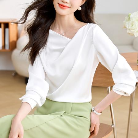 FA55230# 早春秋女新款醋酸衬衣白衬衫女设计感气质法式缎面上衣 服裝批發女裝批發服飾貨源