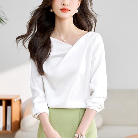 FA55230# 早春秋女新款醋酸衬衣白衬衫女设计感气质法式缎面上衣 服裝批發女裝批發服飾貨源