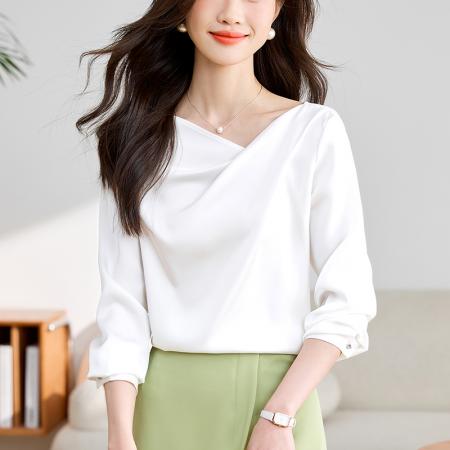 FA55230# 早春秋女新款醋酸衬衣白衬衫女设计感气质法式缎面上衣 服裝批發女裝批發服飾貨源