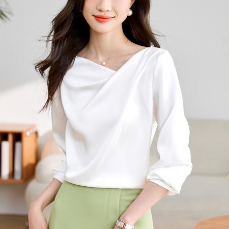 FA55230# 早春秋女新款醋酸衬衣白衬衫女设计感气质法式缎面上衣 服裝批發女裝批發服飾貨源