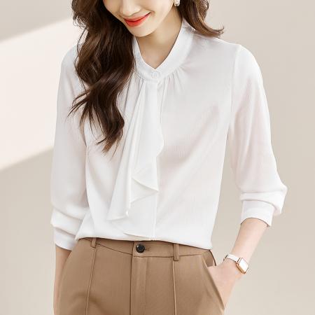 FA55231# 法式优雅设计飘带领结春秋紫色长袖衬衫女气质通勤职场衬衣 服裝批發女裝批發服飾貨源