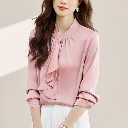FA55231# 法式优雅设计飘带领结春秋紫色长袖衬衫女气质通勤职场衬衣 服裝批發女裝批發服飾貨源