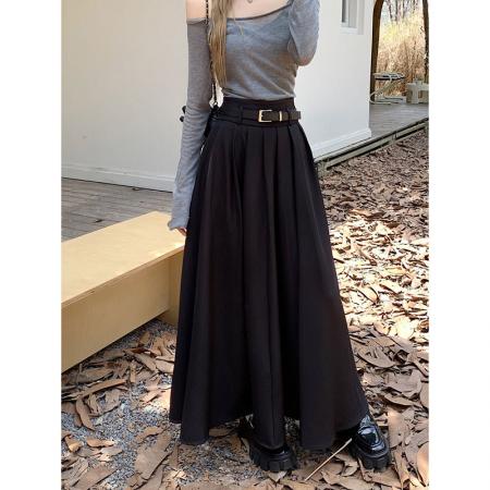 FA55233# 新款韩版垂坠感百褶裙超大摆西装半身长裙女有腰带 服裝批發女裝批發服飾貨源