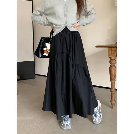 FA55234# 新款韩版松紧腰时尚设计感褶皱拼接长裙女潮 服裝批發女裝批發服飾貨源