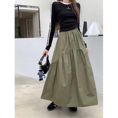 FA55234# 新款韩版松紧腰时尚设计感褶皱拼接长裙女潮 服裝批發女裝批發服飾貨源