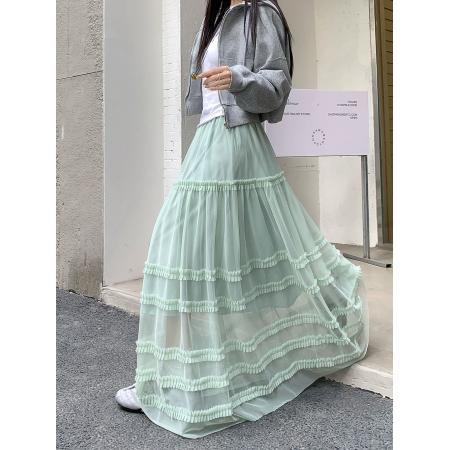 FA55236# 新款法式芭蕾风木耳边网纱半身裙高腰宽松层层蛋糕长裙 服裝批發女裝批發服飾貨源