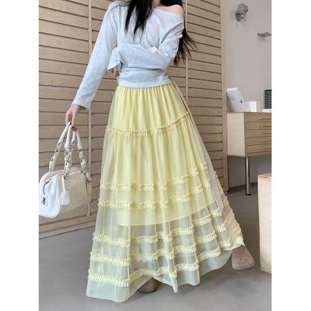 FA55236# 新款法式芭蕾风木耳边网纱半身裙高腰宽松层层蛋糕长裙 服裝批發女裝批發服飾貨源