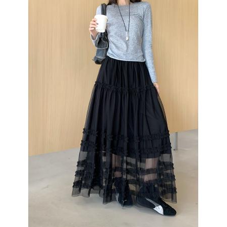FA55236# 新款法式芭蕾风木耳边网纱半身裙高腰宽松层层蛋糕长裙 服裝批發女裝批發服飾貨源