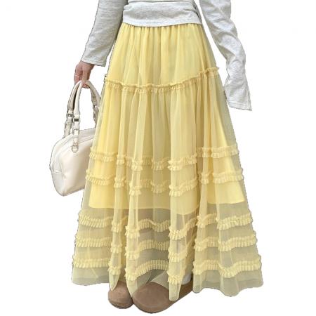 FA55236# 新款法式芭蕾风木耳边网纱半身裙高腰宽松层层蛋糕长裙 服裝批發女裝批發服飾貨源