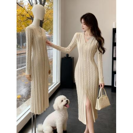 FA55238# 韩国温柔风V领针织连衣裙女春季新款收腰开叉轻熟气质毛衣裙 服裝批發女裝批發服飾貨源