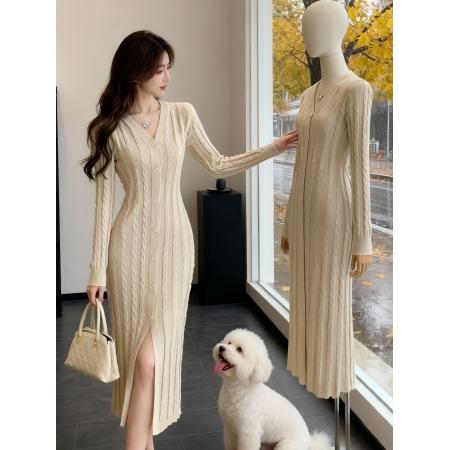 FA55238# 韩国温柔风V领针织连衣裙女春季新款收腰开叉轻熟气质毛衣裙 服裝批發女裝批發服飾貨源