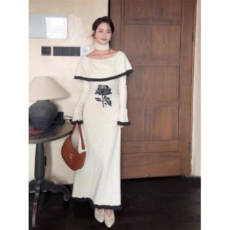 韩国一字领斜肩针织毛衣连衣裙春季喇叭袖轻熟优雅风法式长裙 服裝批發女裝批發服飾貨源