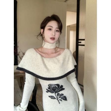 FA55239# 韩国一字领斜肩针织毛衣连衣裙春季喇叭袖轻熟优雅风法式长裙 服裝批發女裝批發服飾貨源