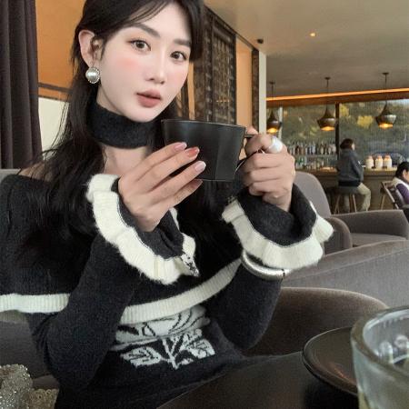 FA55239# 韩国一字领斜肩针织毛衣连衣裙春季喇叭袖轻熟优雅风法式长裙 服裝批發女裝批發服飾貨源