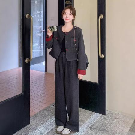 FA55240# 春季新款女撞色毛呢小香风外套复古阔腿裤两件套早春套装 服裝批發女裝批發服飾貨源