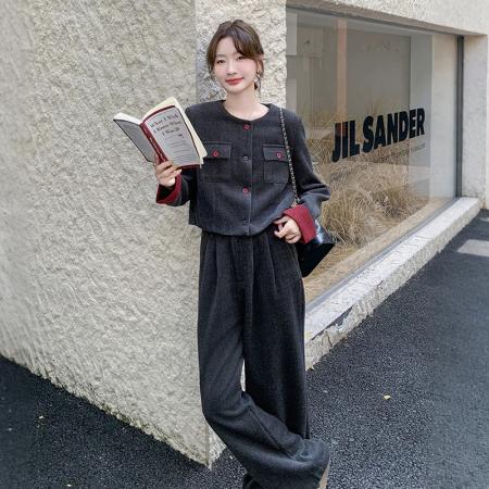 FA55240# 春季新款女撞色毛呢小香风外套复古阔腿裤两件套早春套装 服裝批發女裝批發服飾貨源