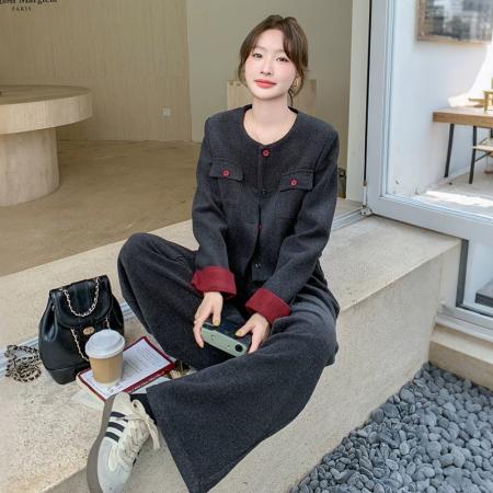 FA55240# 春季新款女撞色毛呢小香风外套复古阔腿裤两件套早春套装 服裝批發女裝批發服飾貨源