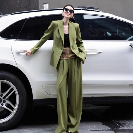 FA55241# 春季新款设计感可调节系带西装阔腿裤配丝巾春装时尚套装 服裝批發女裝批發服飾貨源