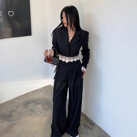 FA55245# 春季新款设计感小众蕾丝拼接西装外套高腰阔腿裤春装两件套 服裝批發女裝批發服飾貨源