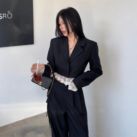 FA55245# 春季新款设计感小众蕾丝拼接西装外套高腰阔腿裤春装两件套 服裝批發女裝批發服飾貨源