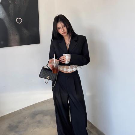 FA55245# 春季新款设计感小众蕾丝拼接西装外套高腰阔腿裤春装两件套 服裝批發女裝批發服飾貨源