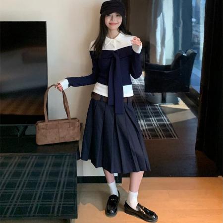 FA55246# 假两件长袖t恤女秋季韩系穿搭百搭polo领上衣 服裝批發女裝批發服飾貨源