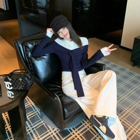 FA55246# 假两件长袖t恤女秋季韩系穿搭百搭polo领上衣 服裝批發女裝批發服飾貨源