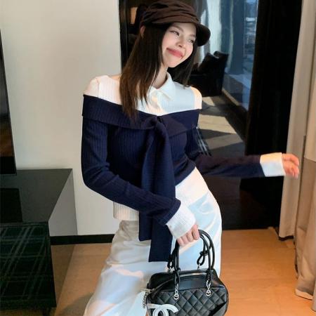 FA55246# 假两件长袖t恤女秋季韩系穿搭百搭polo领上衣 服裝批發女裝批發服飾貨源