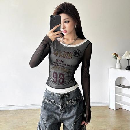 FA55248# 美式假两件复古撞色网纱拼接字母印花T恤女百搭修身辣妹上衣ins潮 服裝批發女裝批發服飾貨源