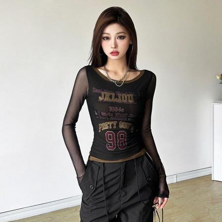 FA55248# 美式假两件复古撞色网纱拼接字母印花T恤女百搭修身辣妹上衣ins潮 服裝批發女裝批發服飾貨源