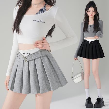 FA55249# 刺绣字母撞色高腰半身裙时尚百褶裙防走光百搭短裙a字裙 服裝批發女裝批發服飾貨源