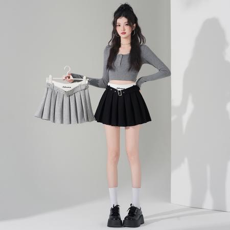 FA55249# 刺绣字母撞色高腰半身裙时尚百褶裙防走光百搭短裙a字裙 服裝批發女裝批發服飾貨源