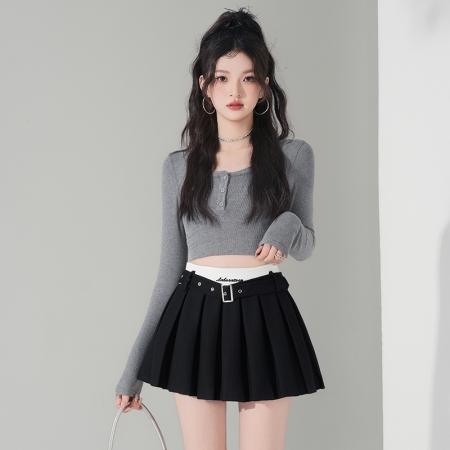 FA55249# 刺绣字母撞色高腰半身裙时尚百褶裙防走光百搭短裙a字裙 服裝批發女裝批發服飾貨源