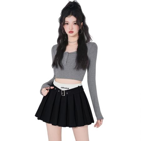 FA55249# 刺绣字母撞色高腰半身裙时尚百褶裙防走光百搭短裙a字裙 服裝批發女裝批發服飾貨源