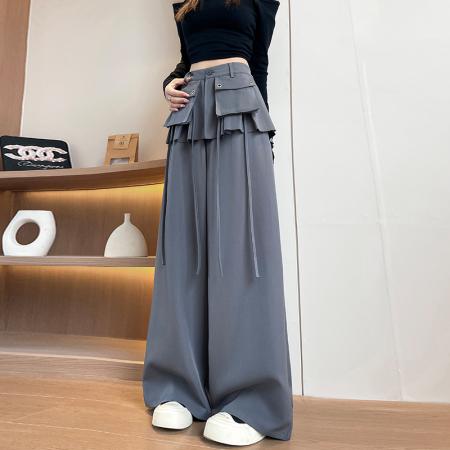 FA55251# 美式辣妹假两件阔腿裤女新款设计感褶皱屁帘显瘦直筒裤 服裝批發女裝批發服飾貨源